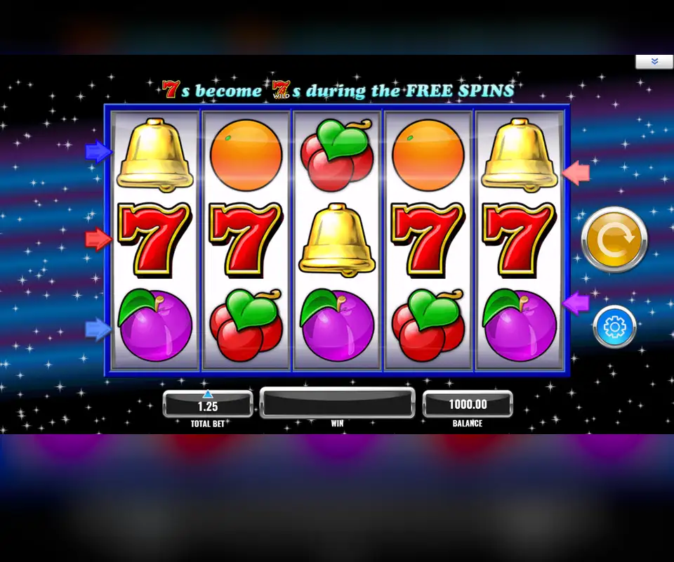 7s Wild by IGT in OLG's free demo: bells, sevens, oranges and cherries on five reels