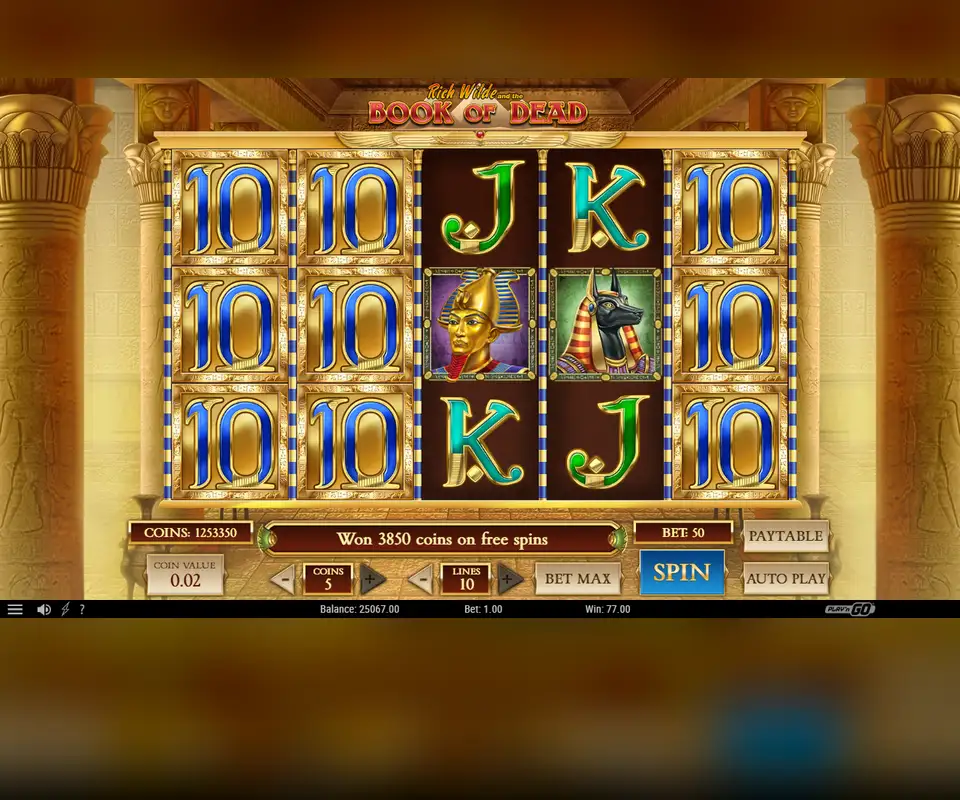 Book of Dead in Play'n GO's free demo: five reels in an Egyptian temple, our screenshot