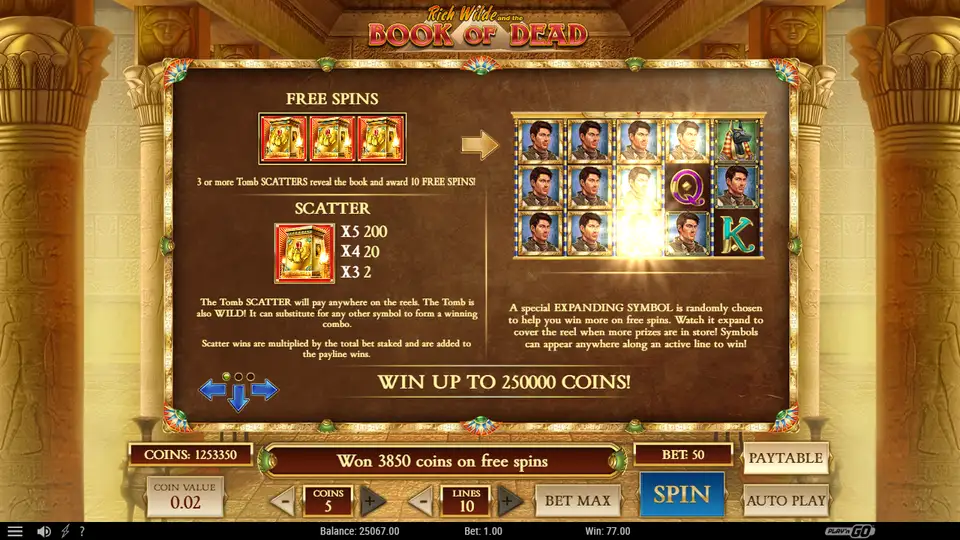 Book of Dead paytable screen in Play'n GO's free demo: free spins, the scatter and the expanding symbol, our screenshot