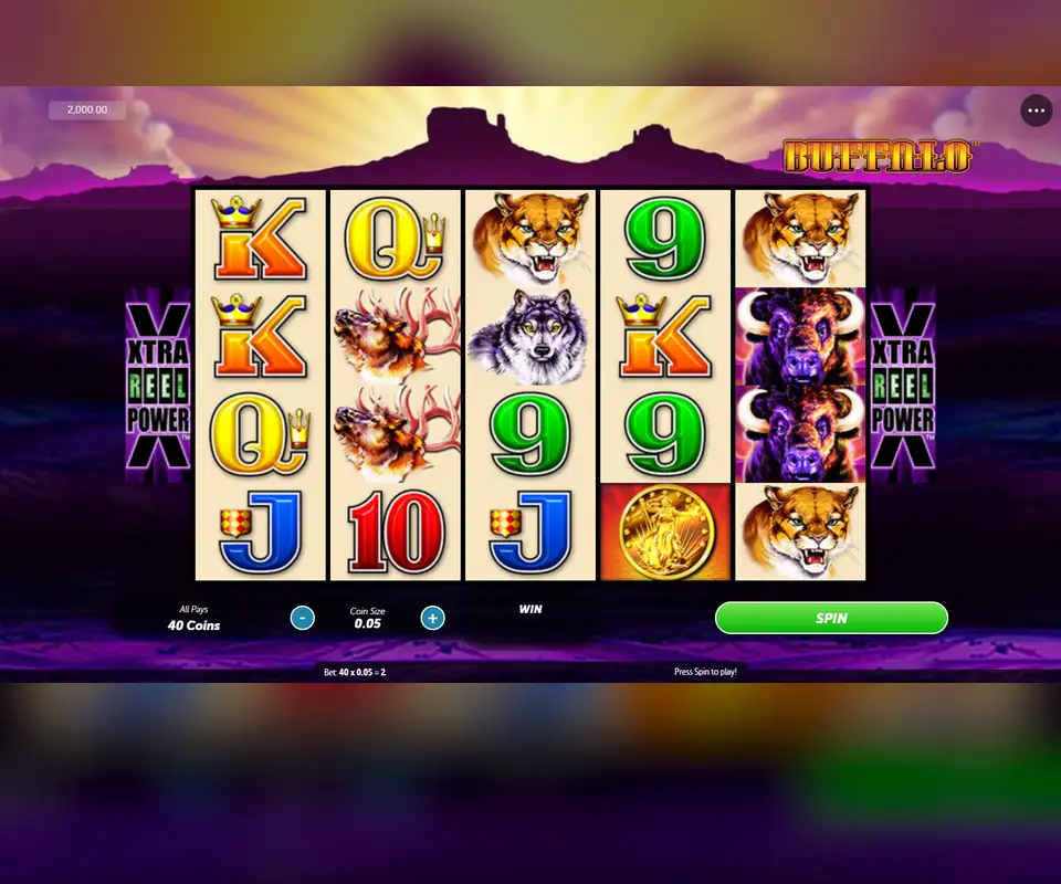 Buffalo by Aristocrat in OLG's free demo: five reels by four rows under a sunset, our screenshot