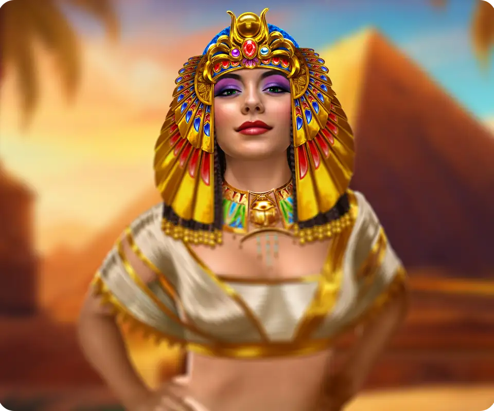 Cleopatra slot artwork by IGT: the queen in a gold headdress in front of a pyramid