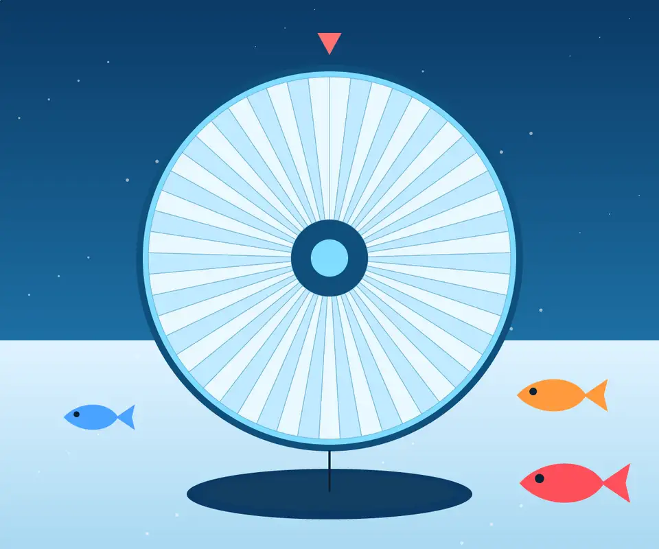 Illustration: our drawing of a 53-segment money wheel over an ice hole, with a blue, an orange and a red fish