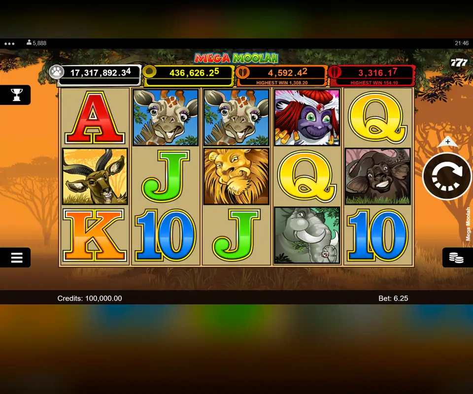 Mega Moolah in Games Global's demo, with the four jackpot meters above the reels, our screenshot