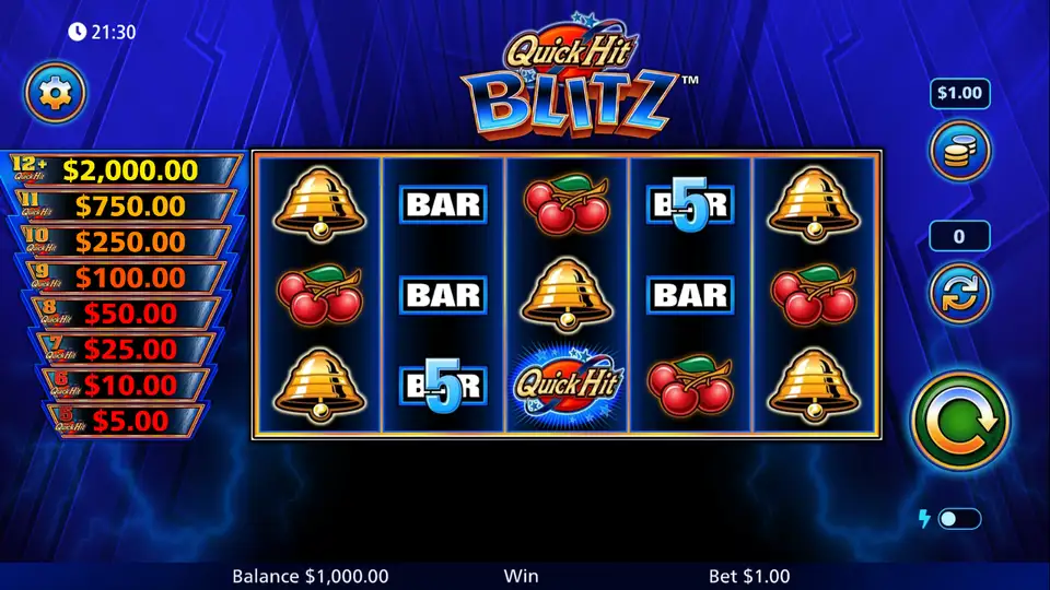 Quick Hit Blitz Blue in Light & Wonder's free demo at a $1.00 bet, our screenshot, September 26, 2026